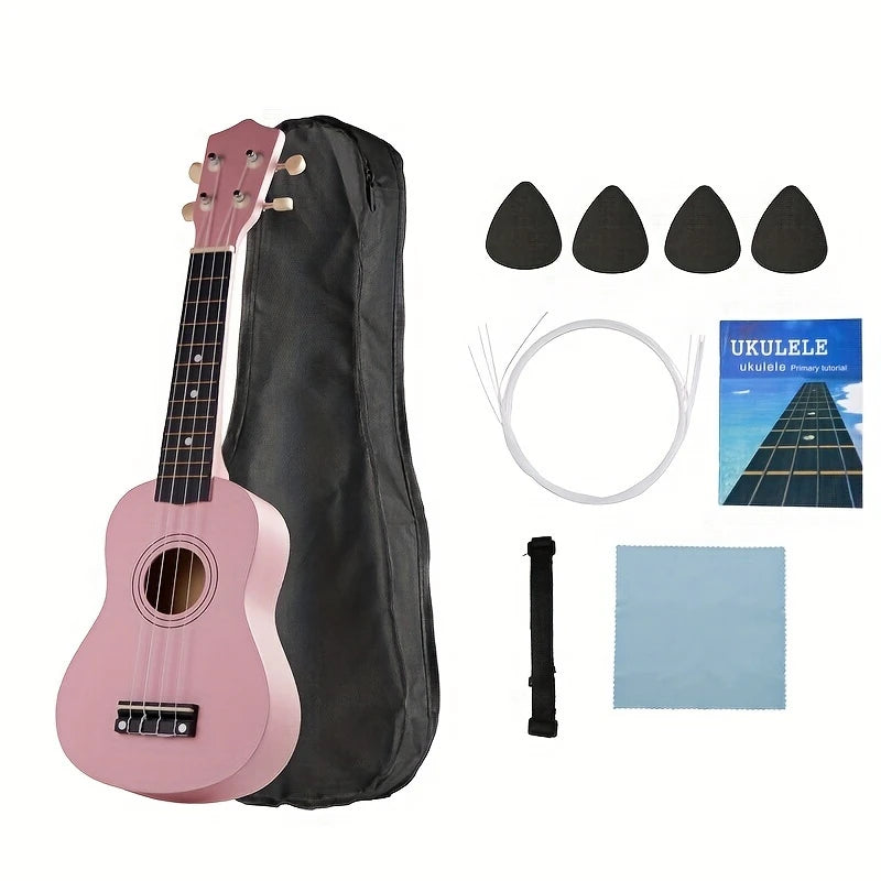 Ukulélé Soprano 21" avec Housse, Cordes, Médiators et Guide – Kit Complet pour Débutants