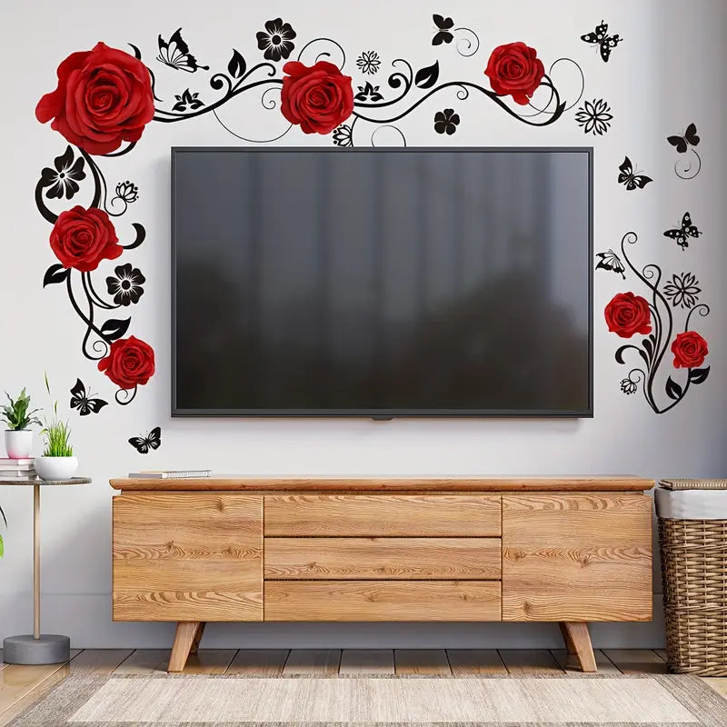 Sticker mural fleurs et papillons – Décoration murale avec roses rouges en relief, pour salon ou chambre
