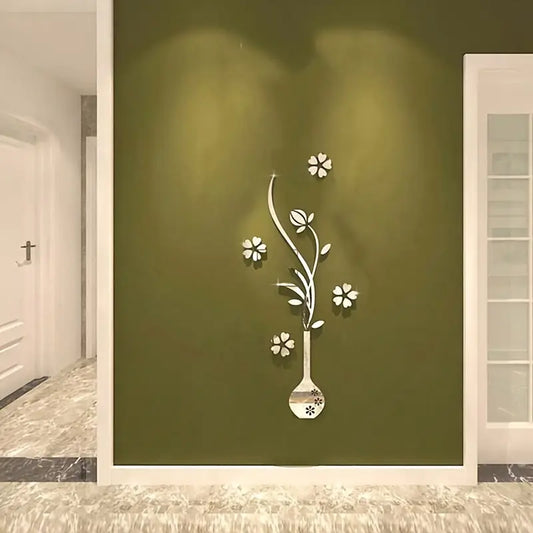 Sticker mural miroir vase floral 3D – Décoration murale effet miroir 80x32 cm pour salon, entrée ou couloir