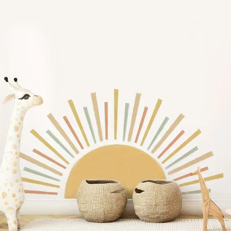 Sticker mural soleil bohème – Déco murale colorée pour chambre d’enfant, crèche ou espace de jeu