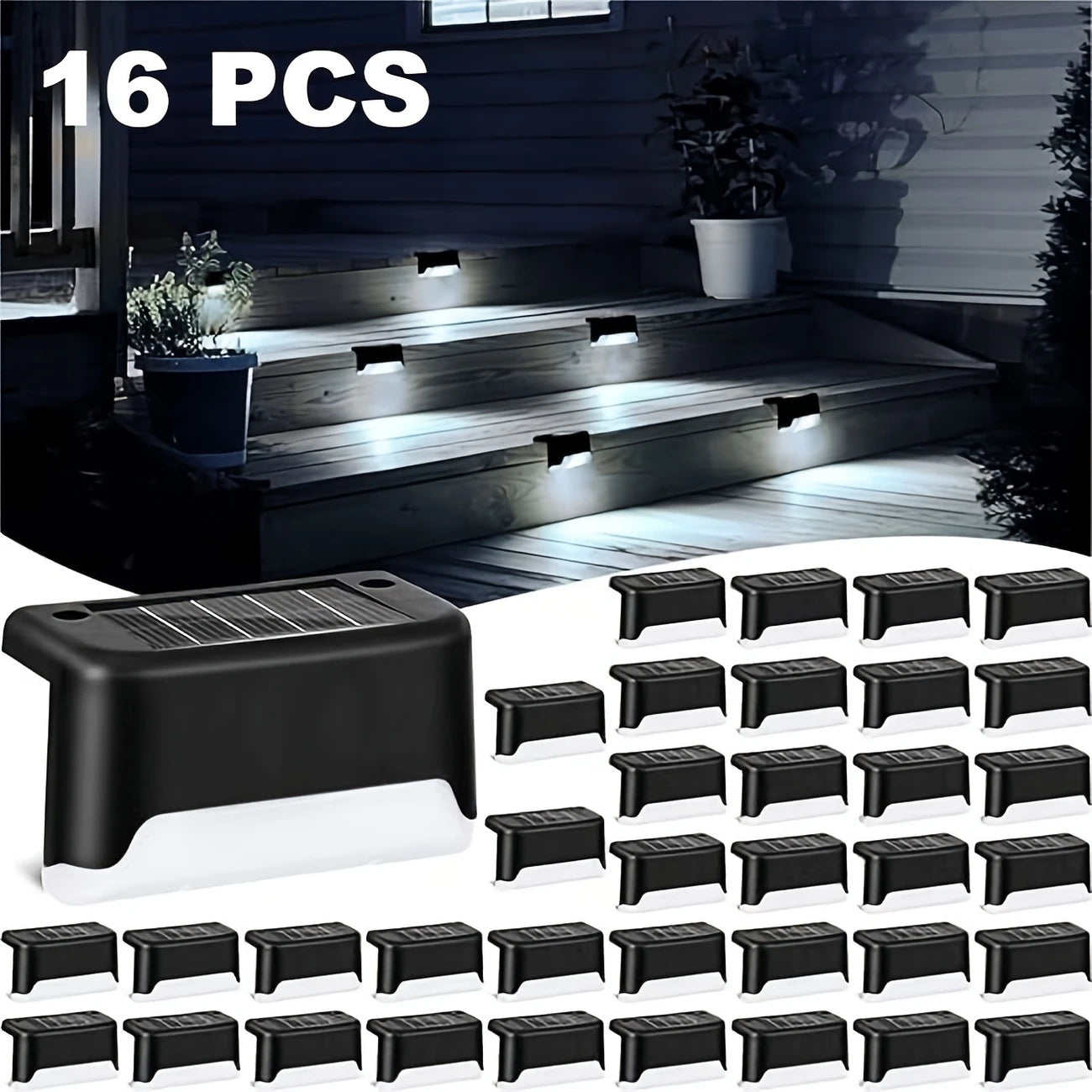 Lot de 4/12/16 Lampes Solaires LED Extérieures Noires – Éclairage Intelligent Blanc pour Escaliers, Jardins et Terrasses