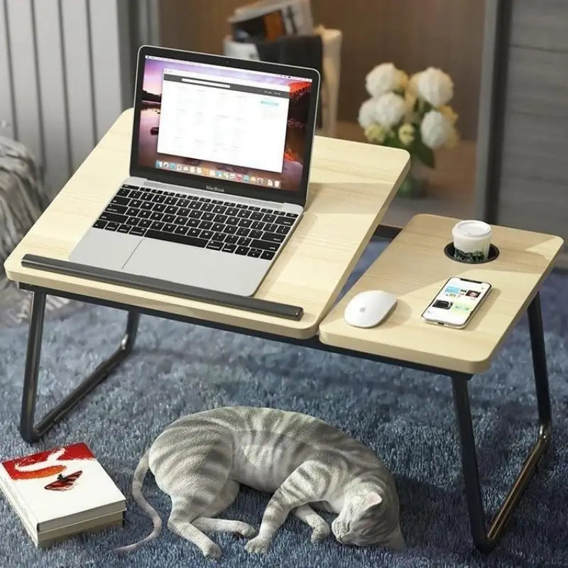 Table de Lit pour Ordinateur Portable – Bureau Pliable en Bois avec Support Tasse et Smartphone