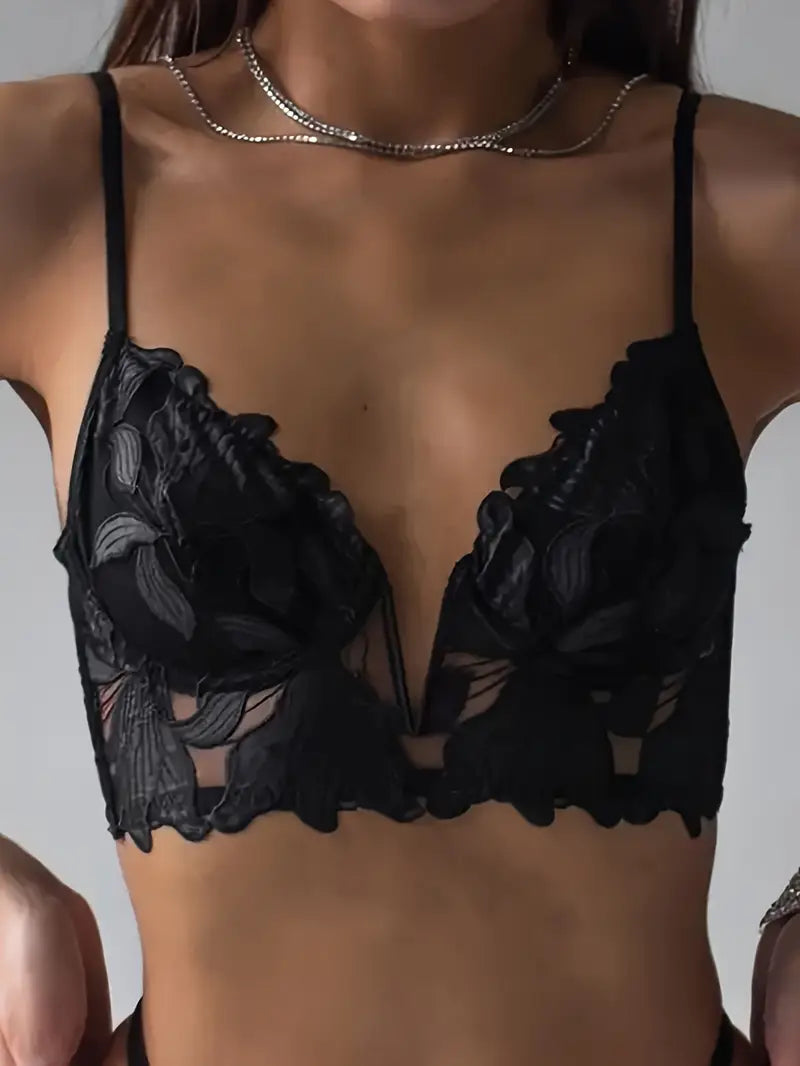 Soutien-Gorge Femme en Dentelle et Tulle Brodé – Lingerie Sexy Élégante avec Nœud Satin