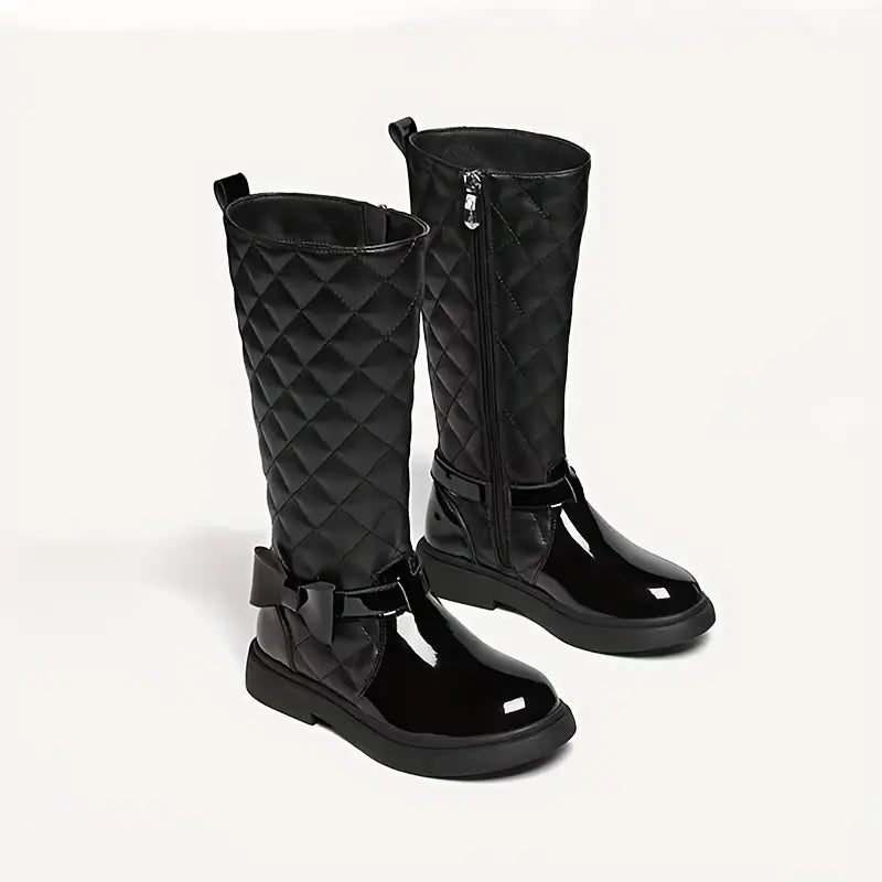 Bottes fille noires matelassées avec nœud – Chaussures élégantes et chaudes pour l’hiver