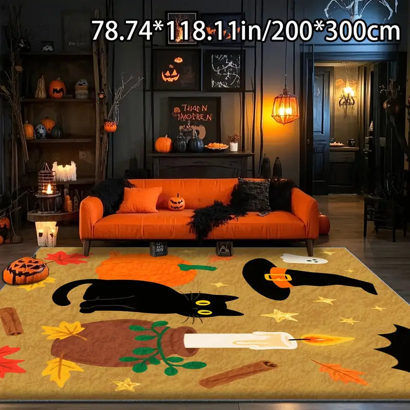 Tapis Halloween Citrouille et Chat Noir – Décoration Effrayante pour Salon, Entrée et Fête