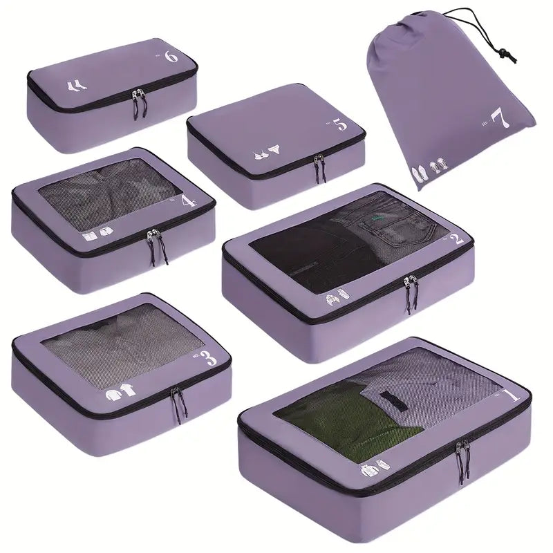 Set de 7 Organisateurs de Valise – Pochettes de Rangement Voyage Étanches pour Vêtements, Chaussures et Accessoires