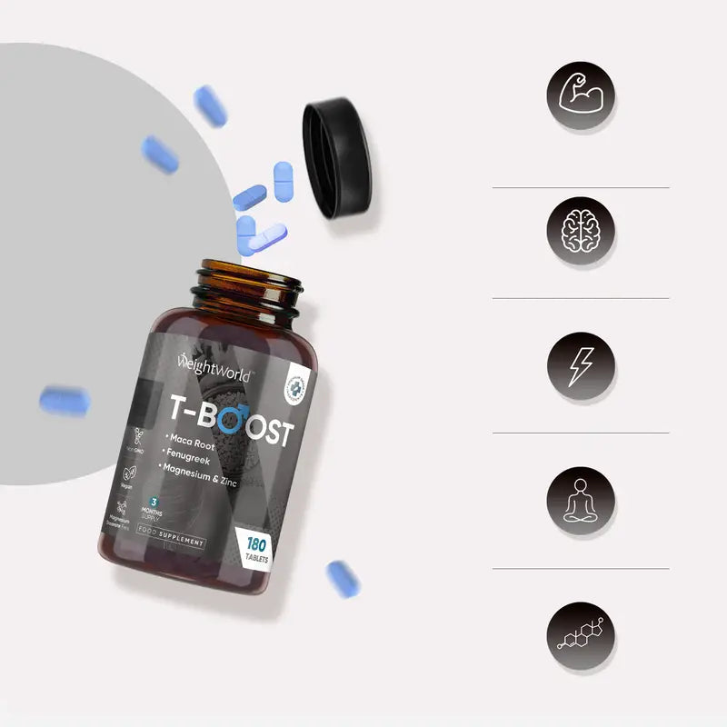 T-Boost WeightWorld – 180 Comprimés Naturels à la Maca, Fenugrec, Zinc & Magnésium | Booster Énergie, Performance & Testostérone