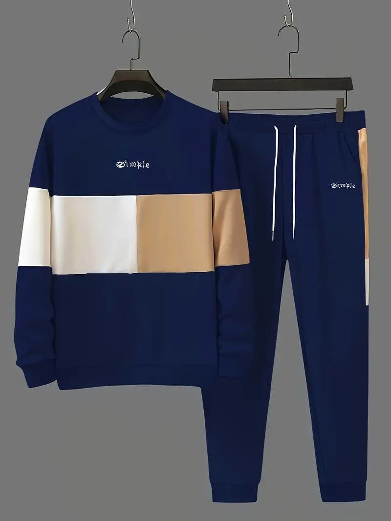 Ensemble de sport homme – Sweat et pantalon jogging – Design color block bleu, beige et blanc