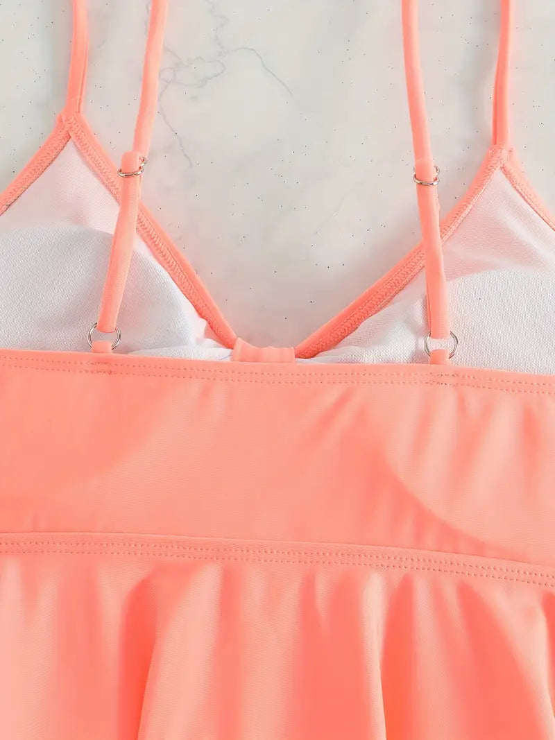 Bikini tankini à volants – Haut à bretelles corail et culotte taille haute à fleurs