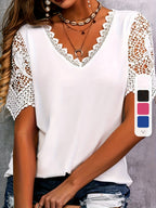 T-shirt Élégant Plus Size Col V en Dentelle Contrastée