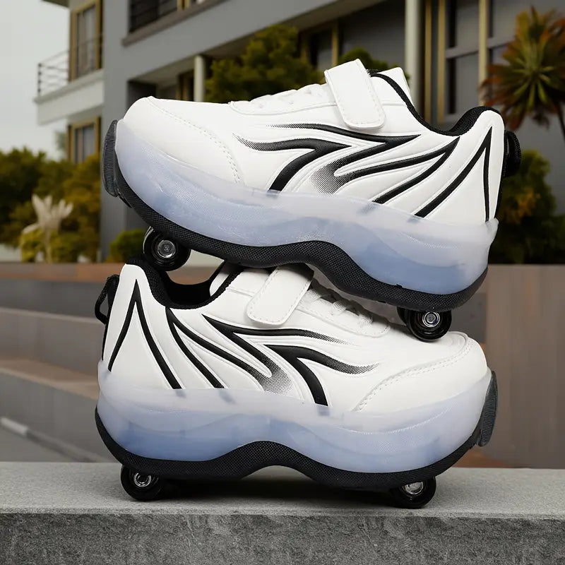 Baskets garçon – Chaussures de sport blanches avec motifs noirs, scratch pratique et semelle légère