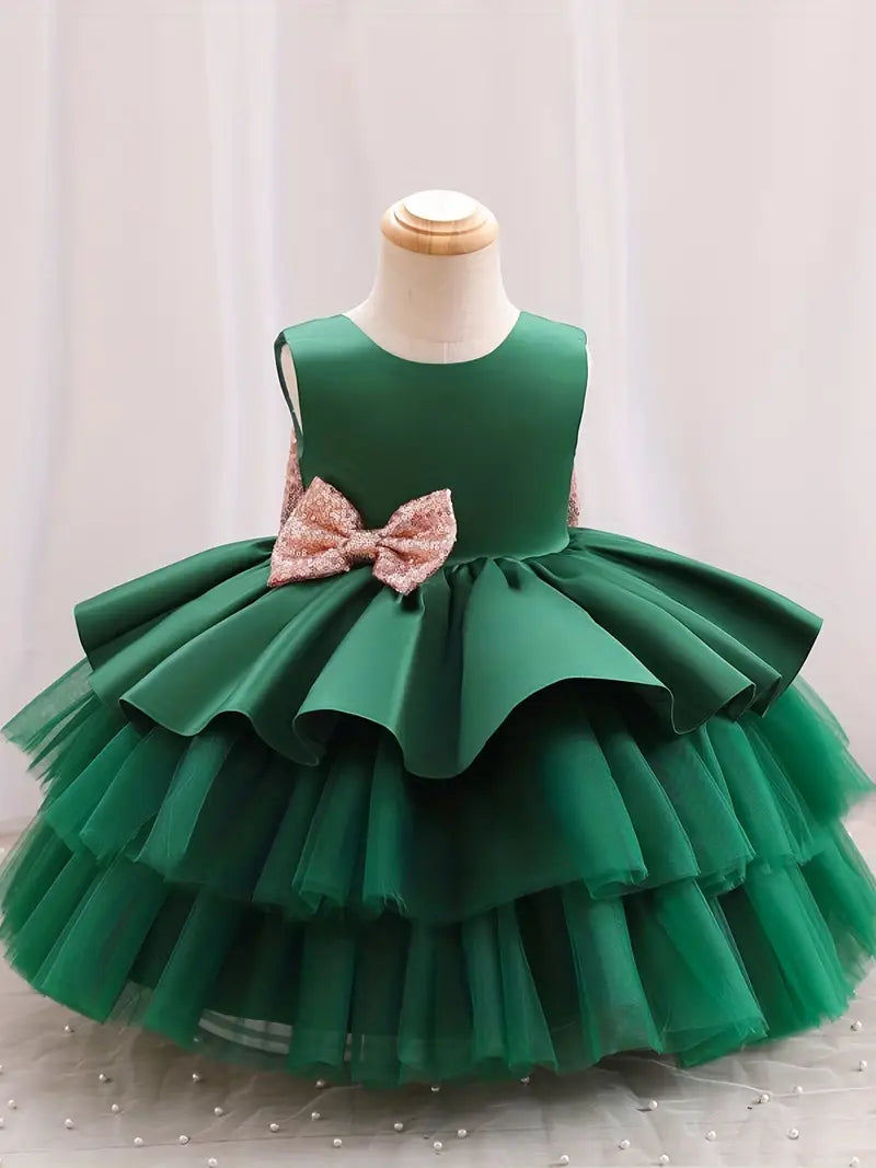 Robe Bébé Fille de Cérémonie Verte avec Nœud Pailleté – Tenue Élégante pour Fêtes et Mariage