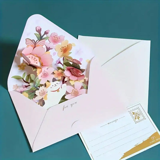 Carte de Vœux Pop-Up Fleurie avec Chat Porte-Bonheur – Carte Postale 3D pour Toutes Occasions