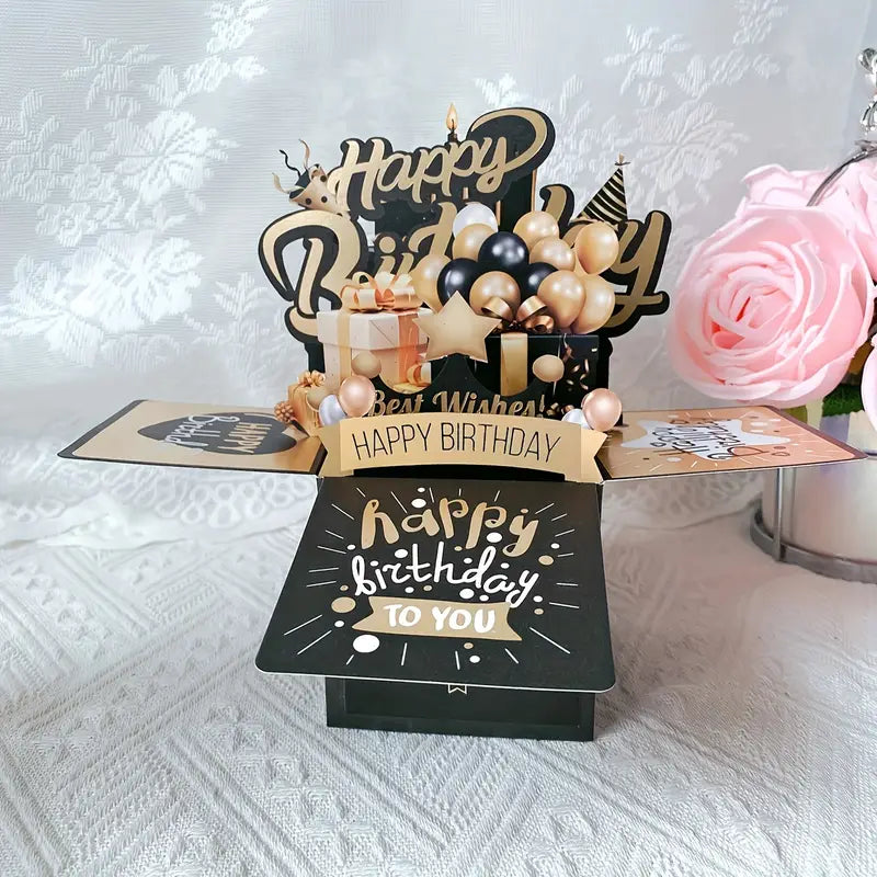 Carte d’Anniversaire Pop-Up 3D en Forme de Boîte – Effet Surprise avec Ballons et Message “Happy Birthday