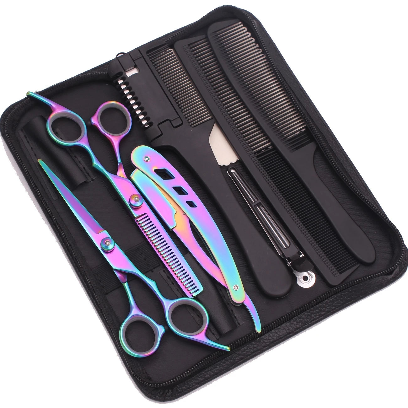 Kit de Coiffure Professionnel 10 Pièces – Ciseaux de Coupe, Rasoir, Peignes et Étui de Rangement