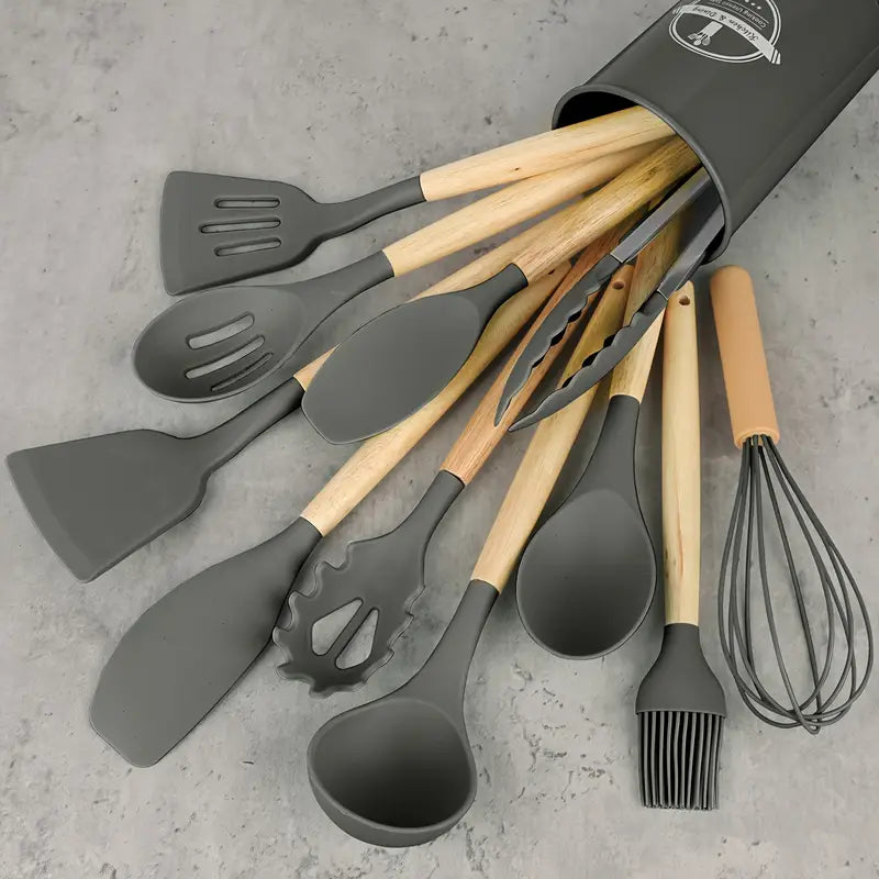 Kit Ustensiles de Cuisine 12 Pièces en Silicone et Bois – Résistants à la Chaleur, Antirayures et Faciles à Nettoyer