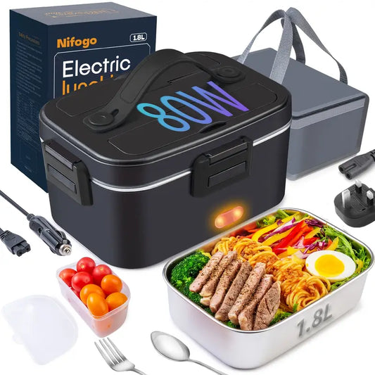 Lunch Box Électrique 1,8L 80W – Chauffe-repas Portable Rechargeable avec Câble Voiture & Prise Secteur