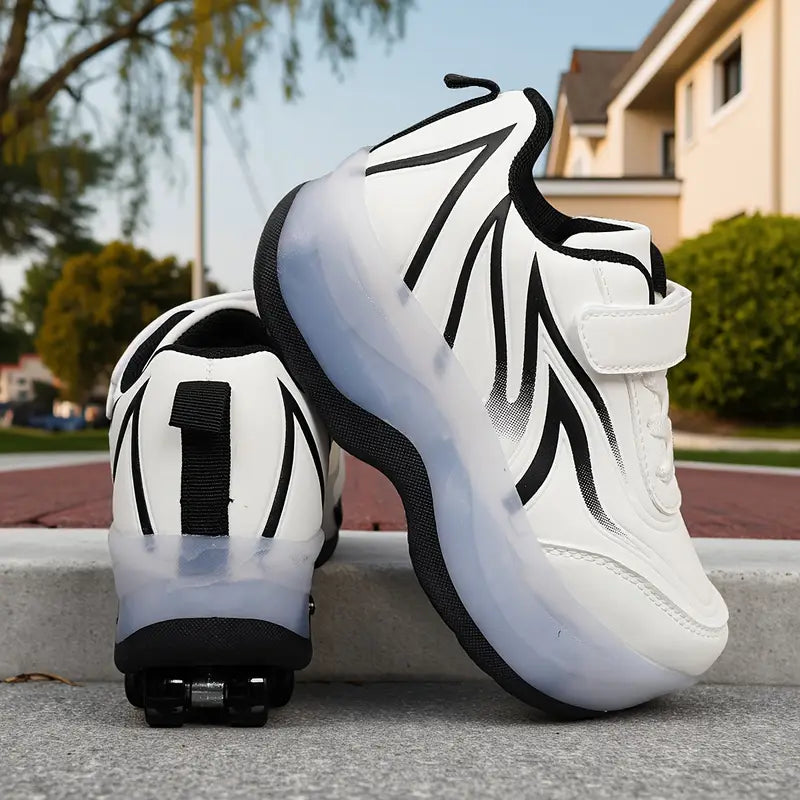Baskets garçon – Chaussures de sport blanches avec motifs noirs, scratch pratique et semelle légère