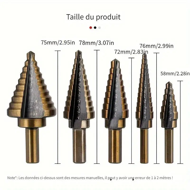 Lot de Forets Étagés en Titane – Set de 6 Forets à Étages HSS pour Perceuse Électrique avec Coffret de Rangement
