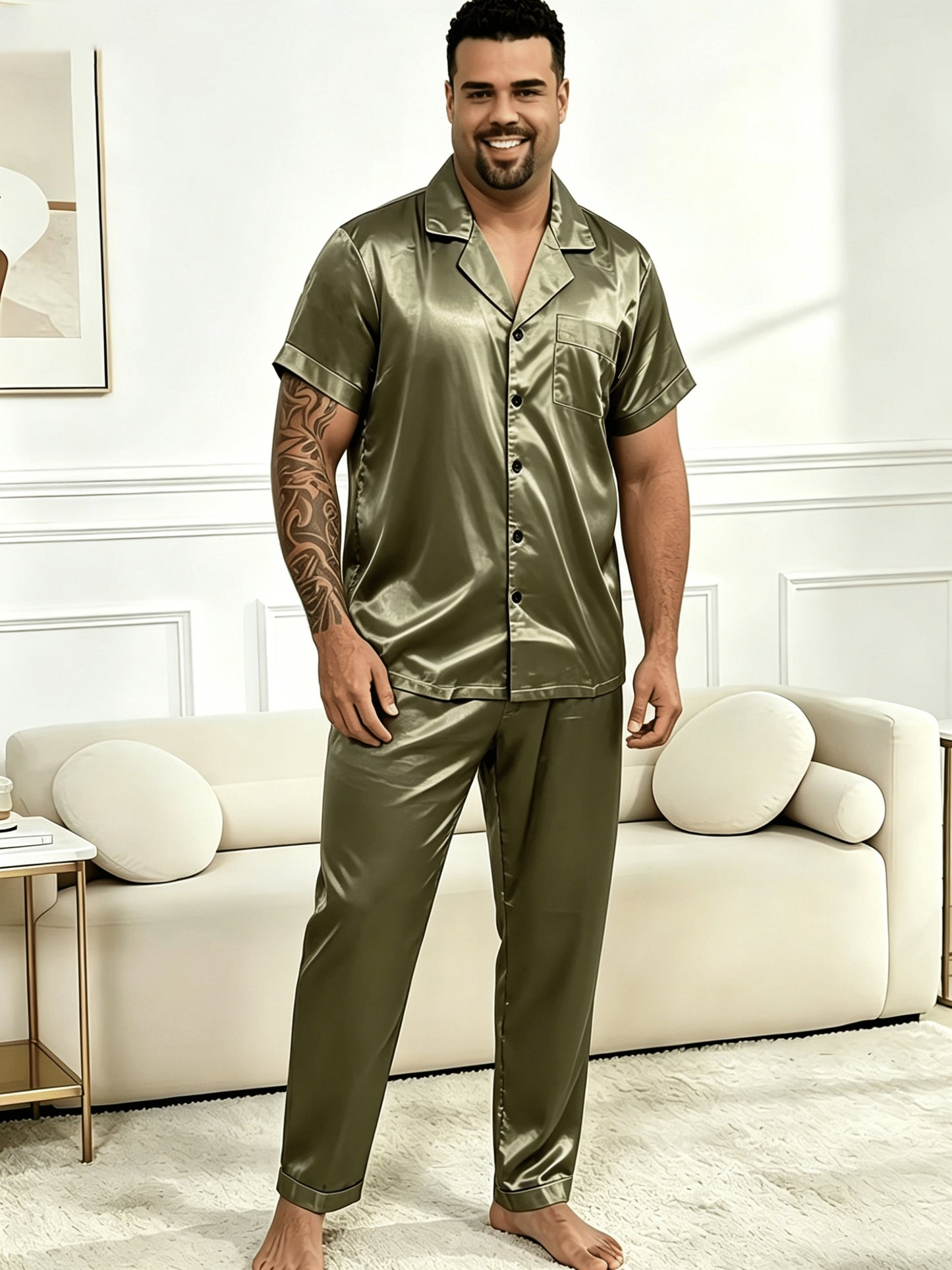Ensemble pyjama 2 pièces grande taille pour homme en tissu fibre vert