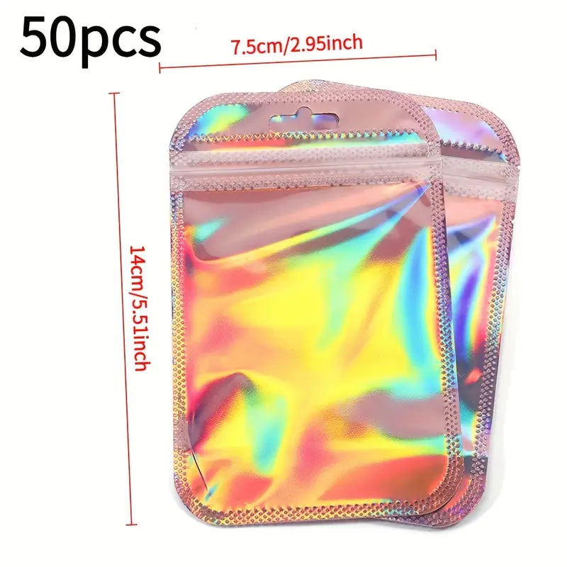 Sachets holographiques zip rose – Pochettes plastique refermables brillantes pour emballage cadeau, bijoux, bonbons ou artisanat