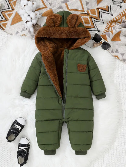 Combinaison Body Bébé Hiver Vert avec Capuche Ours – Chaud et Confortable