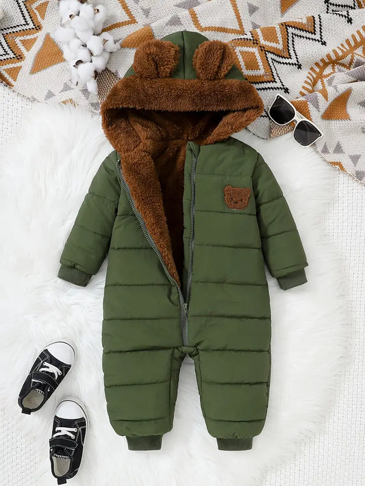 Combinaison Body Bébé Hiver Vert avec Capuche Ours – Chaud et Confortable