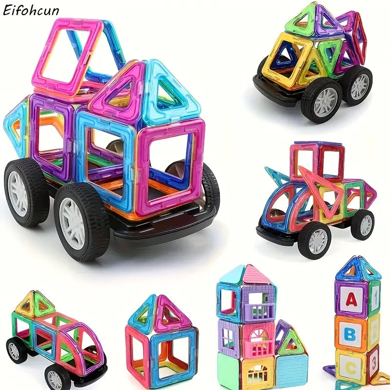 Blocs de construction magnétiques avec roues – Jeu éducatif créatif pour construire voitures, maisons et tours 3D