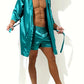 Peignoir sexy homme en satin – Kimono court brillant avec ceinture, Élégance & séduction