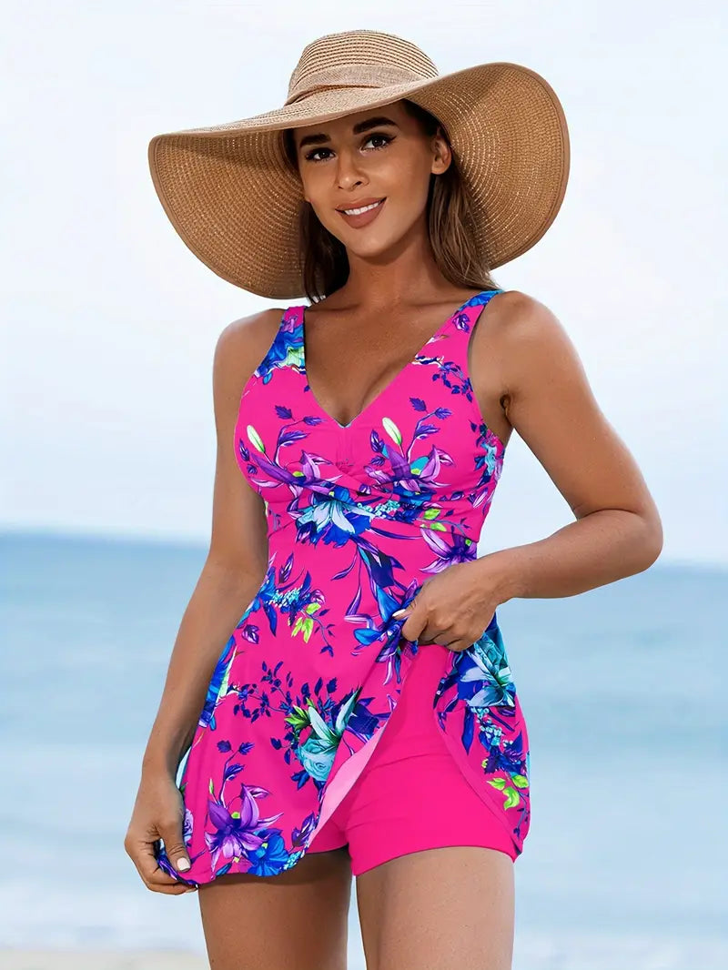 Tankini femme floral avec short intégré – Confort et style pour toutes vos baignades