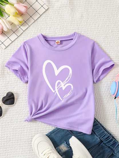 T-shirt fille violet avec imprimé cœurs blancs – Style tendance et mignon