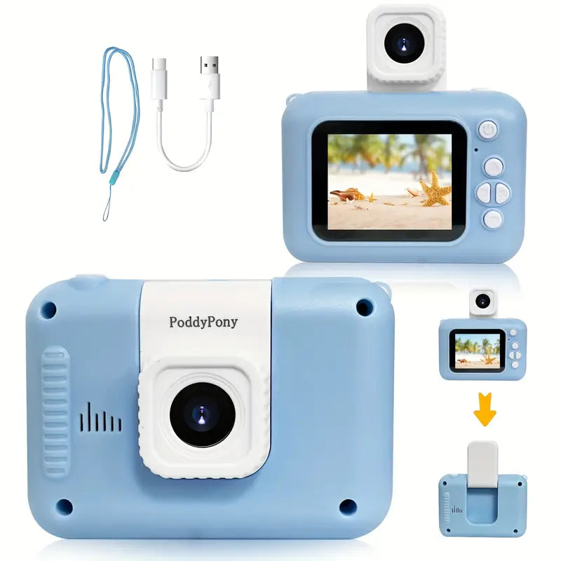 Appareil Photo Numérique pour Enfants PoddyPony – Caméra HD Rechargeable avec Écran et Objectif Amovible