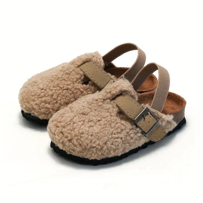 Mules fille fourrées en laine – Sabots chauds avec bride réglable et semelle confort