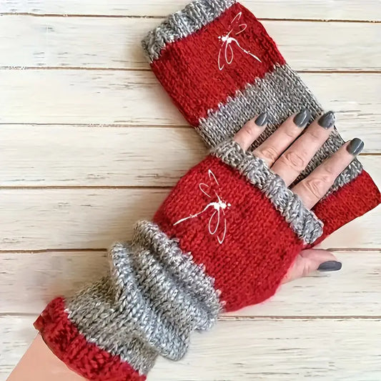 Mitaines en laine tricotées pour homme – Gants sans doigts chauds et confortables avec motif libellule