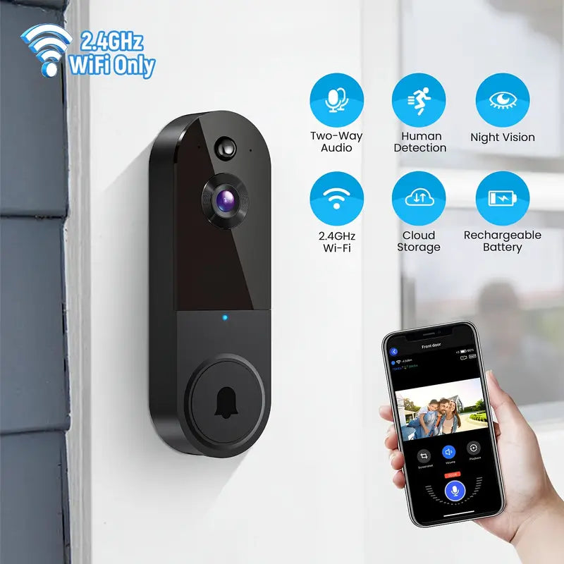 Caméra Sonnette Vidéo WiFi 2.4GHz avec Stockage Cloud – Vision Nocturne, Audio Bidirectionnel et Détection de Mouvement