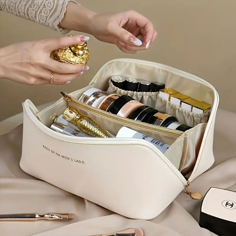 Trousse de maquillage beige chic en simili cuir  Grand format rigide avec poignée, style luxueux