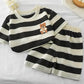 Ensemble chemise garçon rayé noir et blanc avec ourson brodé – t-shirt manches courtes et short été