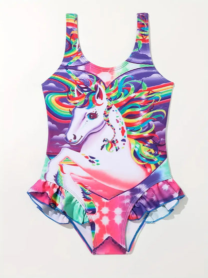 Maillot de bain fille une pièce licorne – Maillot violet arc-en-ciel avec volants