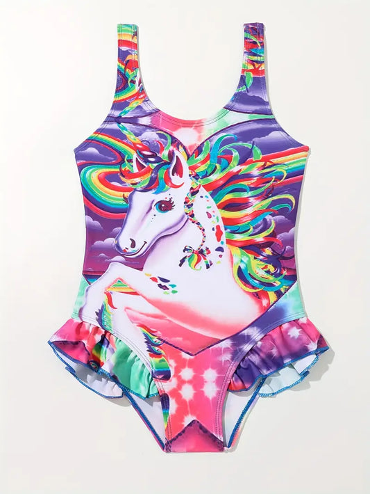 Maillot de bain fille une pièce licorne – Maillot violet arc-en-ciel avec volants