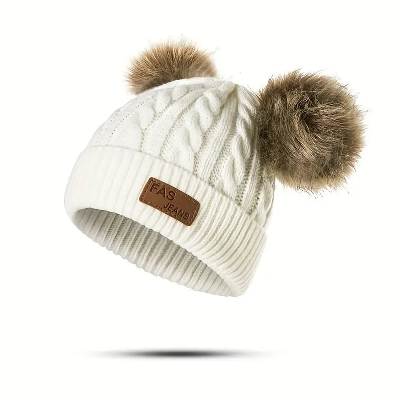 Bonnet Tricot Bébé Fille avec Pompons Fourrure – Chapeaux et Casquettes Enfant Hiver Chaud & Doux