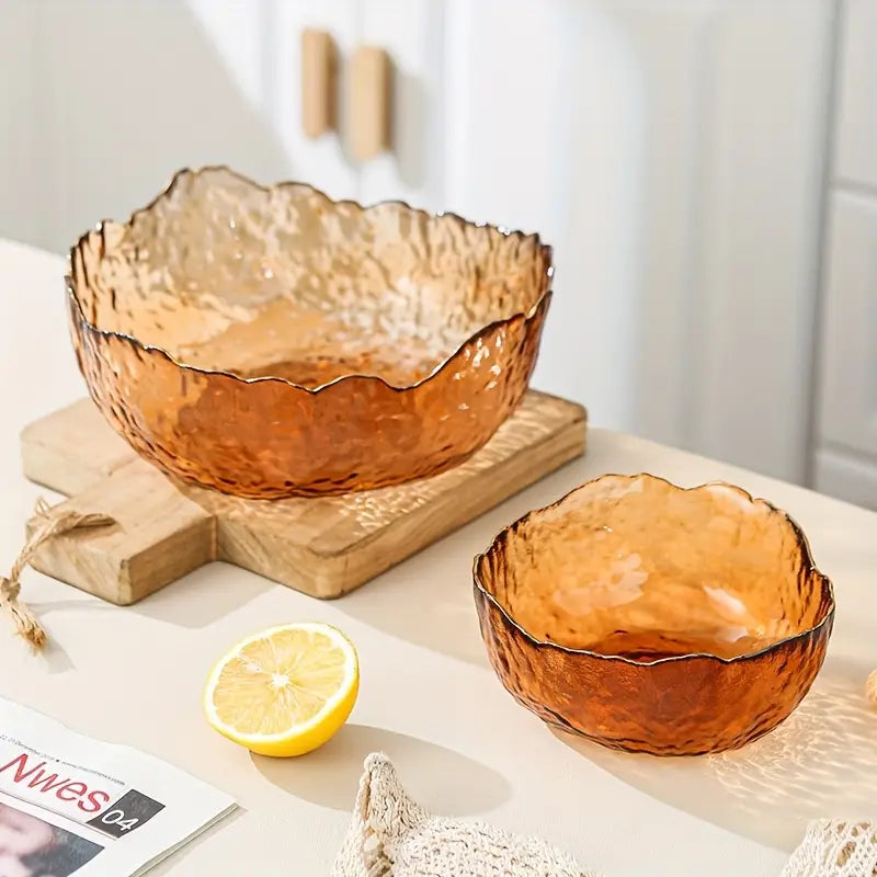 Set de Bols en Verre – Design Martelé avec Bord Doré pour Salades, Fruits et Desserts
