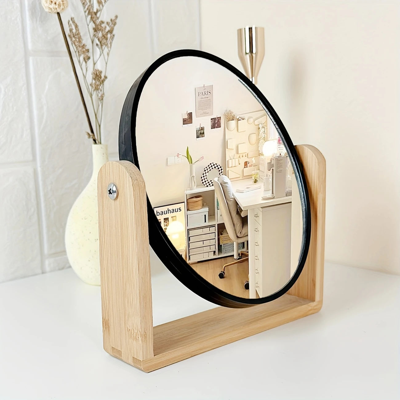 Miroir de Maquillage de Table Rotatif – Design Moderne avec Cadre Bois et Format Compact 21x18 cm