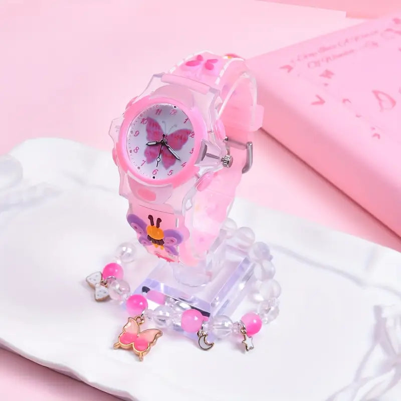 Montre Enfant Fille Rose Papillon – Bracelet Fantaisie avec Breloques, Apprentissage de l’Heure