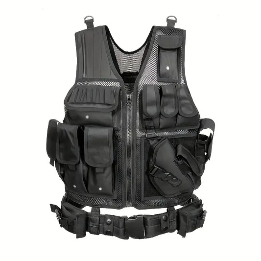 Gilet tactique militaire homme – Multi-poches avec ceinture ajustable pour airsoft, paintball et randonnée
