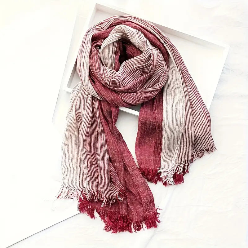 Écharpe homme à rayures bordeaux et beige – Foulard léger à franges pour style élégant et décontracté
