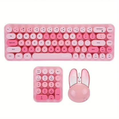 Clavier Rétro Rose avec Pavé Numérique + Souris Sans Fil Design Lapin – Kit Kawaii pour Bureau et Gaming