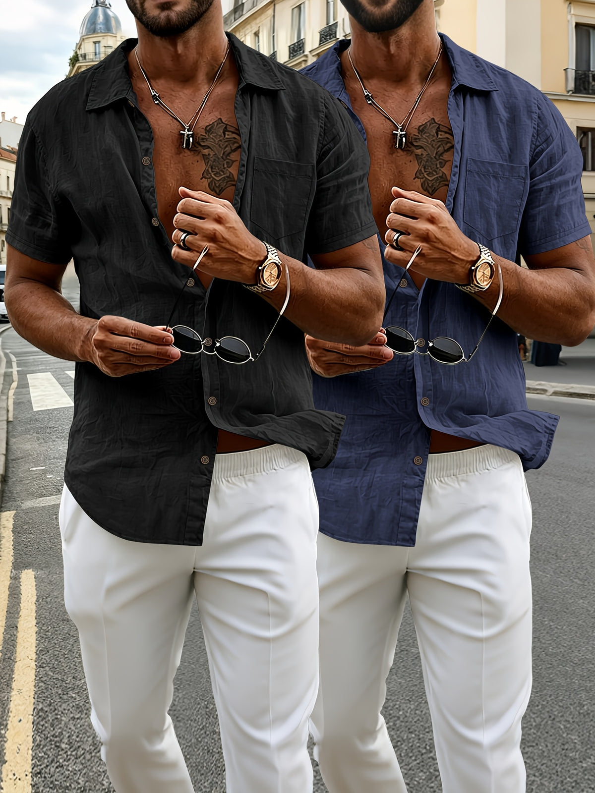 Lot de 2 chemises Henley à manches courtes en lin pour homme