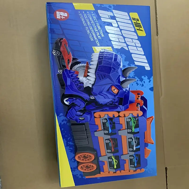 Camion transporteur dinosaure avec 12 voitures miniatures – Jouet véhicule enfant avec rampes de course et rangement