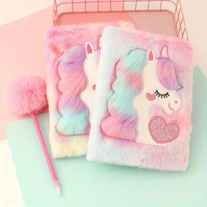 Carnet Fourrure Licorne Arc-en-Ciel avec Stylo Pompon – Journal Intime Enfant Mignon