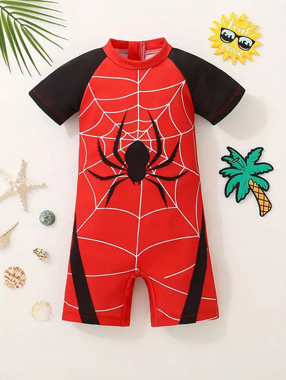 Maillot de bain garçon une pièce rouge motif toile d’araignée, coloris Rouge